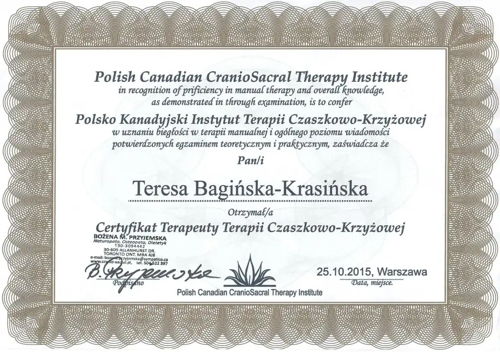 Teresa Bagińska-Krasińska, Certyfikat terapeuty terapii czaszkowo-krzyżowej
