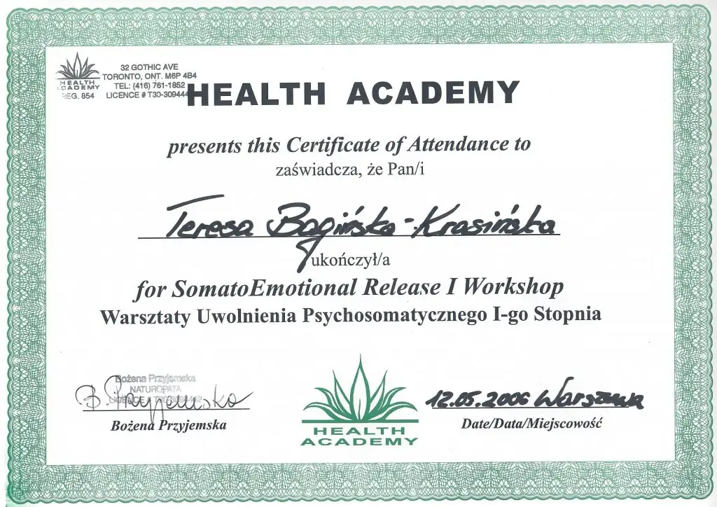 Teresa Bagińska-Krasińska, Certyfikat ukończenia warsztatu Uwolnienia Psychosomatycznego