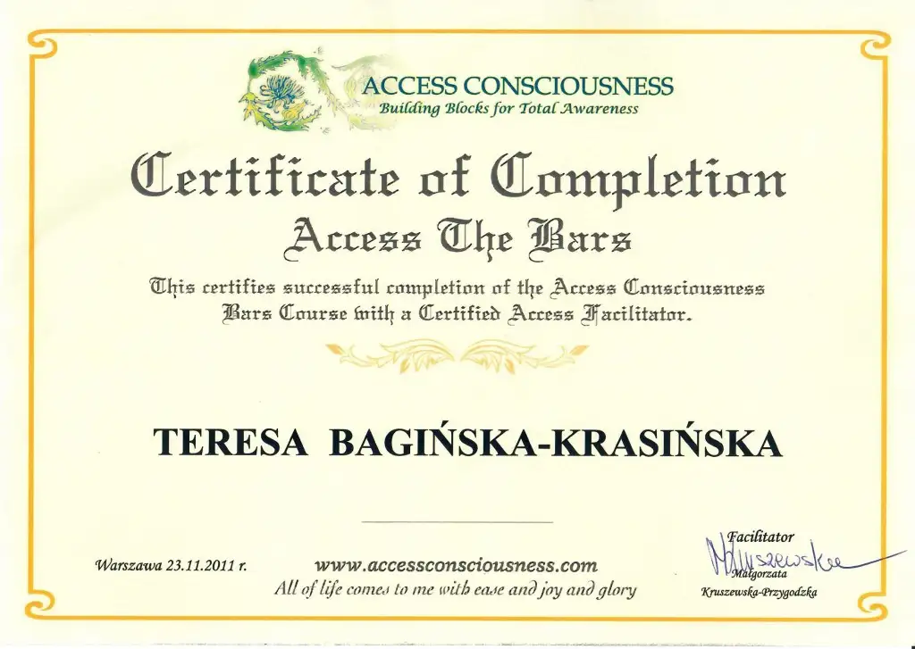 Teresa Bagińska-Krasińska, Dyplom specjalisty terapii Access Bars