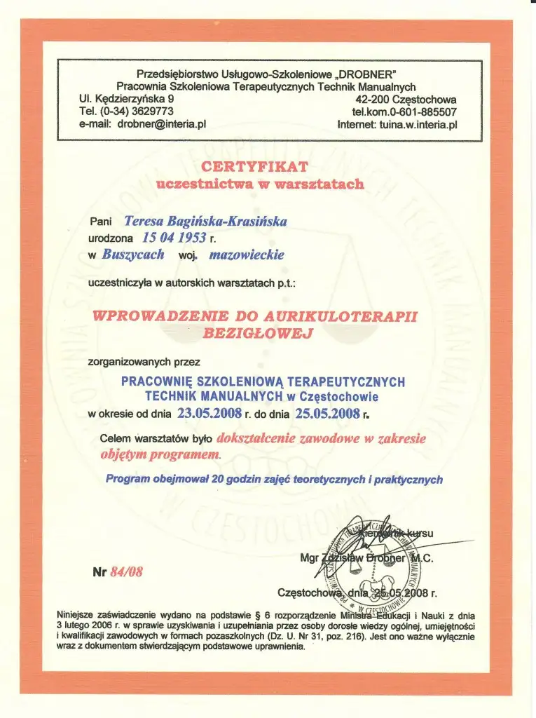 Teresa Bagińska-Krasińska, certyfikat uczestnictwa w warsztatach aurikuloterapii bezigłowej