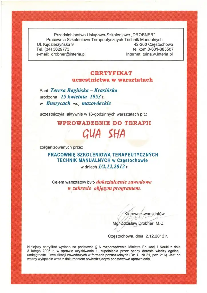 Teresa Bagińska-Krasińska, certyfikat uczestnictwa w warsztatach terapii Gua Sha