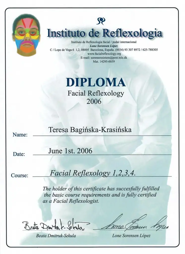 Teresa Bagińska-Krasińska, dyplom terapeuty refleksologii w zakresie terapii twarzy