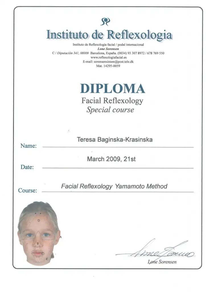 Teresa Bagińska-Krasińska, dyplom terapeuty refleksologii w zakresie terapii twarzy