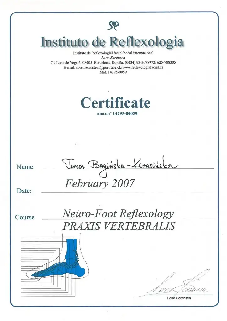 Teresa Bagińska-Krasińska, dyplom terapeuty refleksologa w zakresie neuro-refleksologii stóp