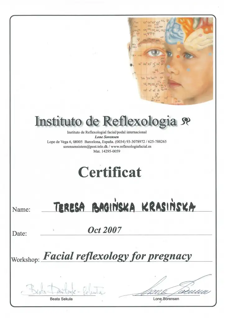 Teresa Bagińska-Krasińska, dyplom teraputy refleksologii, zakres refleksologia twarzy u kobiet w ciąży