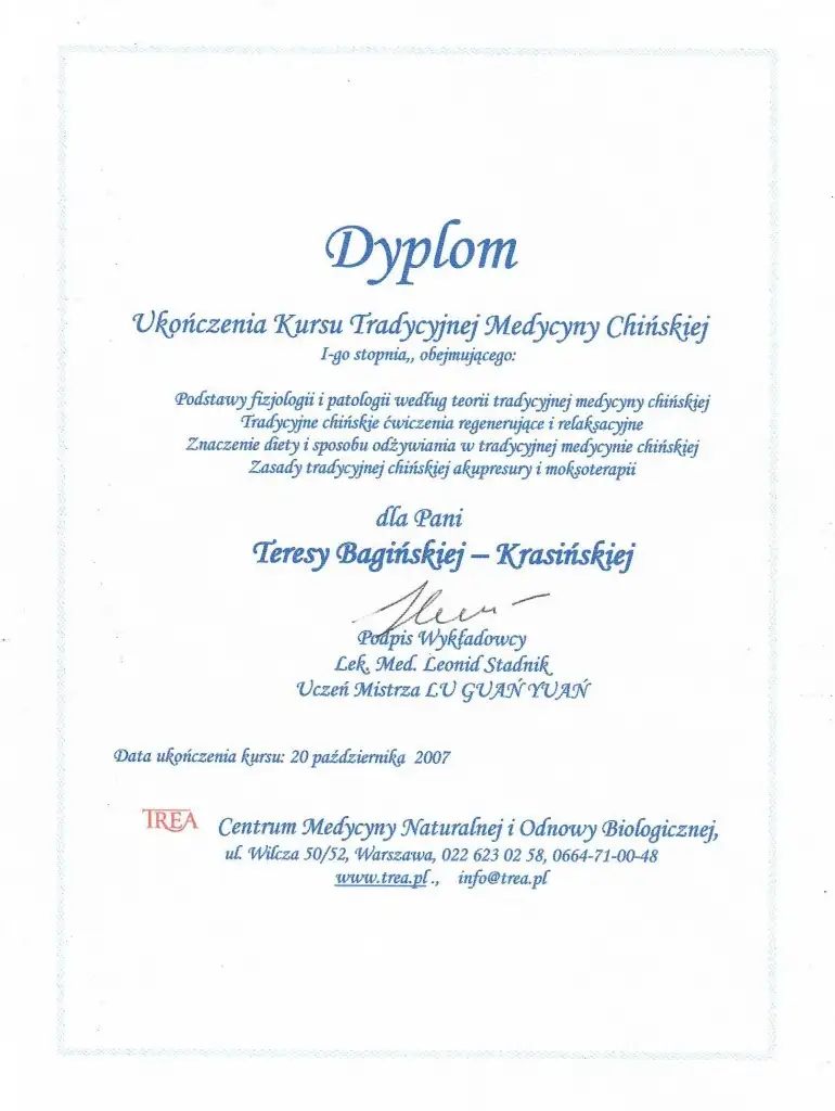 Teresa Bagińska-Krasińska, dyplom ukończenia kursu tradycyjnej medycyny chińskiej