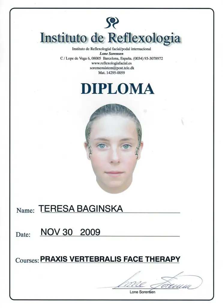 Teresa Bagińska-Krasińska, dyplom terapeuty refleksologii Praxis Vertebralis, w zakresie terapii twarzy